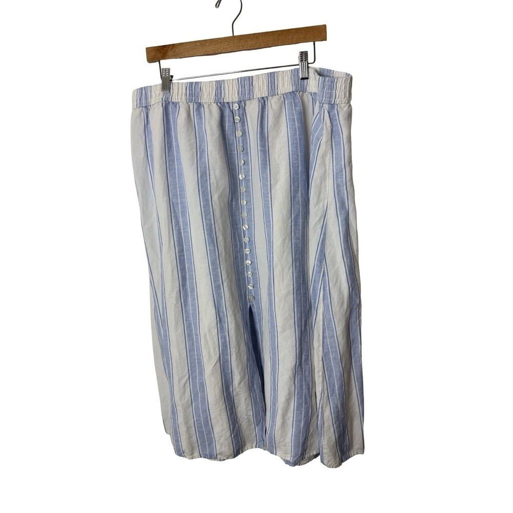 LOFT Women XL Blue Striped Midi Skirt Coastal Cottagecore Linen Blend